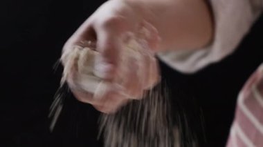 Lady chef pours flour for cooking tasty homemade pastry