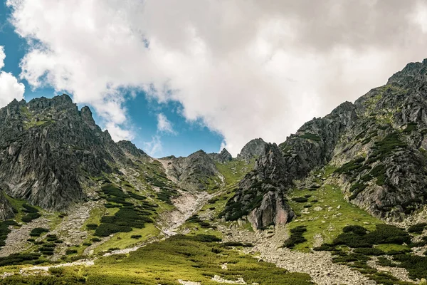 Slovakya 'daki High Tatra Sıradağları ve mavi gökyüzünün inanılmaz manzarası. Yaz konseptinde yürüyüş. Doğanın güzelliği ve duvar kağıdı konsepti — Stok fotoğraf