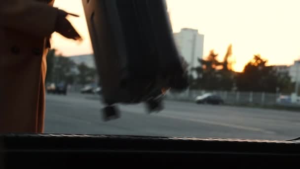 Женщина кладет багаж в багажник машины, вид изнутри — стоковое видео