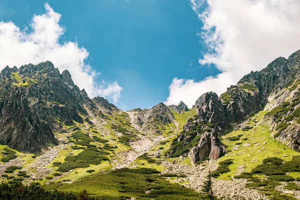 Niesamowity widok na Tatry Wysokie i błękitne niebo na Słowacji. Wędrówki w letniej koncepcji. Piękno przyrody i koncepcji tapety — Zdjęcie stockowe
