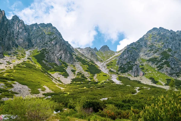 높은 타트라 산들은 슬로바키아 의푸른 하늘 과 구름으로 봉우리를 이룬다. 여름철 하이킹을 위한 관광객의 오솔길. — 스톡 사진