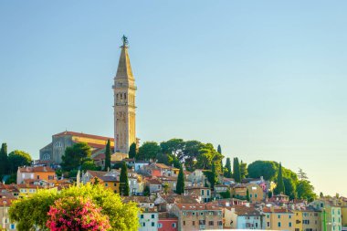 The Church or Basilica of St. Euphemia and traditional colourful houses in the Old Town of Rovinj