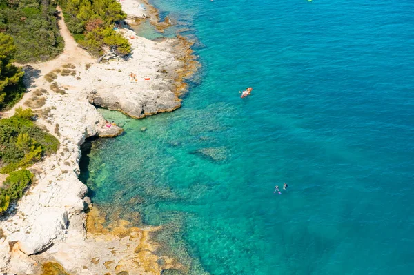 Top uitzicht op sporters of toeristen kajakken in het turkoois transparant blauw water van Adriatische zee rotsachtige kust — Stockfoto