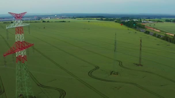 Nagy mező és energia elosztó vezetékek naplementekor nyáron — Stock videók