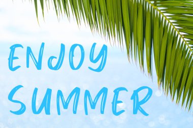 Arka planda palmiye yaprağı ve mavi denizle yazılmış zarif yazı tipiyle yaz mesajının tadını çıkarın. Tur ajansının tatil konsepti ve reklamı