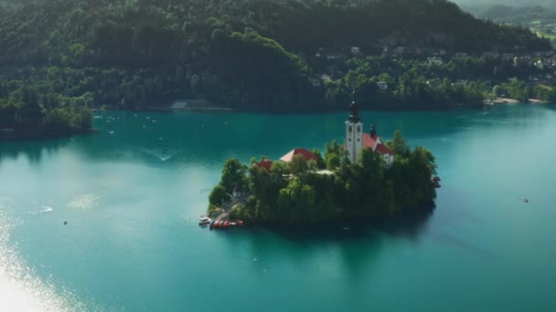 Lago di Bled con piccola isola circondata da boschi lussureggianti — Video Stock