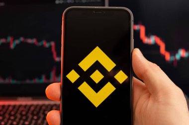Kripto döviz piyasası analizinin BNB uygulaması insan eliyle cep telefonu ekranında ve logaritma grafiklerinde arka planda ticaret verileri, Şubat 2022, San Francisco, ABD