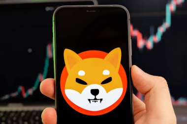 Shiba SHIB kripto para birimi logosu erkek eliyle akıllı telefon ekranında ve yeşil arkaplanda artan bir eğilim var. 