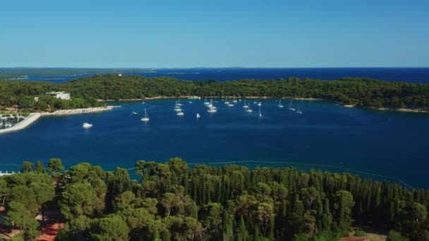 Yachts sail in marina of island on water of Adriatic sea — Stock Video