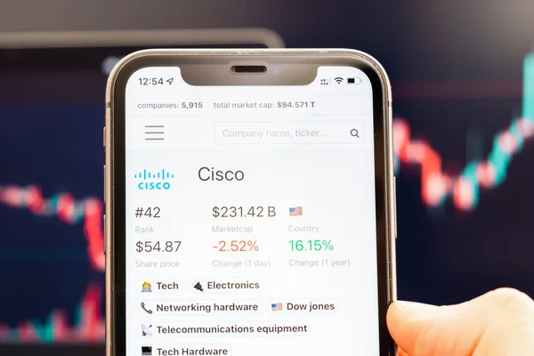 Cisco-Aktienkurs auf dem Bildschirm des Mobiltelefons in der Hand mit sich verändernden Börsenkursen im Hintergrund, Februar 2022, San Francisco, USA — Stockfoto