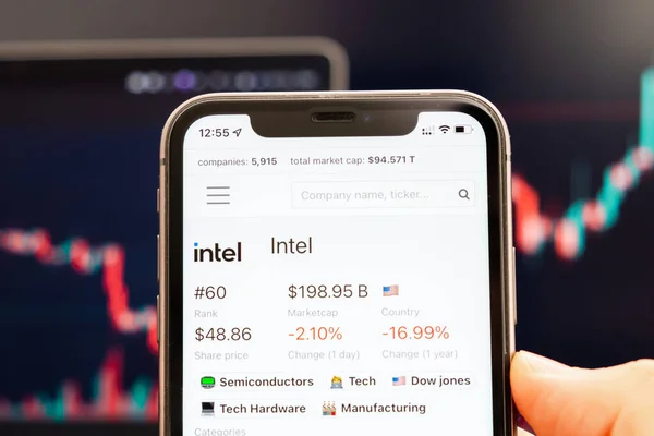Preço de ações da Intel na tela do telefone celular em mão de homens com gráficos de mercado de ações em mudança em segundo plano, fevereiro de 2022, San Francisco, EUA — Fotografia de Stock