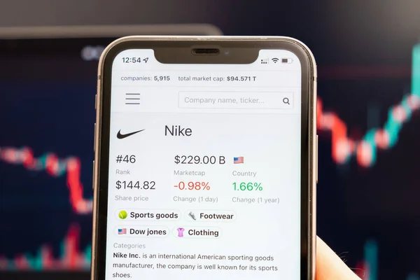 Nike-Aktienkurs auf dem Bildschirm des Mobiltelefons in der Hand mit sich verändernden Börsenkursen im Hintergrund, Februar 2022, San Francisco, USA — Stockfoto