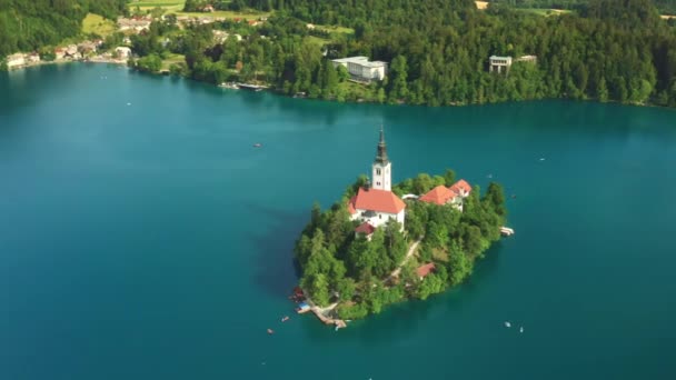 Bled eiland met katholieke kerk omgeven door groen — Stockvideo