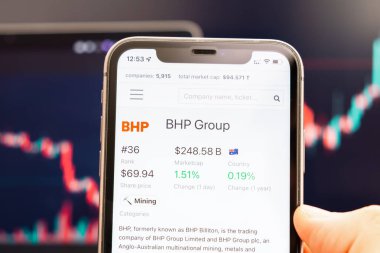 BHP Grup hisse senedi fiyatı, arka planda değişen borsa grafikleriyle birlikte, Man Hand 'deki cep telefonu ekranında, Şubat 2022, San Francisco, ABD