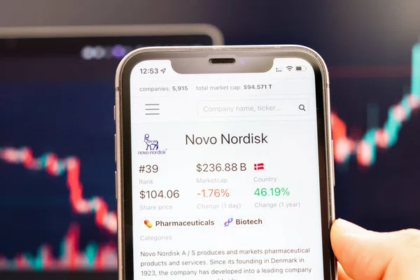 Novo Nordisk Aktienkurs auf dem Bildschirm des Mobiltelefons in der Hand mit sich ändernden Börsenkursen im Hintergrund, Februar 2022, San Francisco, USA — Stockfoto