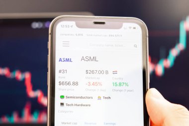 ASML hisse senedi fiyatı, arka planda değişen borsa grafikleriyle birlikte, Man Hand 'deki cep telefonu ekranında, Şubat 2022, San Francisco, ABD