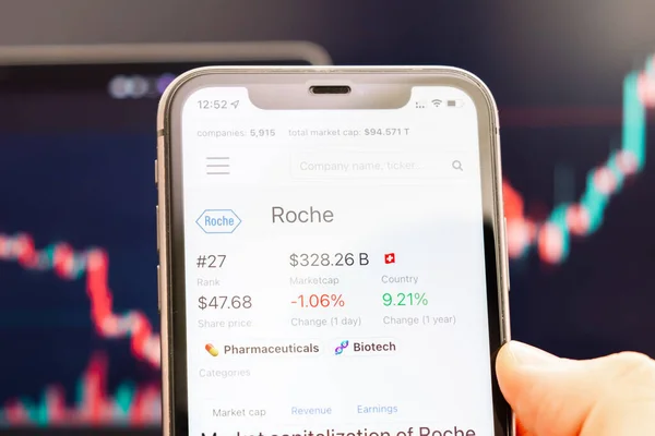 Der Aktienkurs von Roche auf dem Bildschirm des Mobiltelefons in der Hand mit sich verändernden Börsenkursen im Hintergrund, Februar 2022, San Francisco, USA — Stockfoto