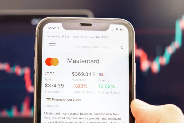 Mastercard-Logo des Aktienkurses auf dem Bildschirm des Smartphones in der Hand mit sich änderndem Trend auf dem Diagramm im Hintergrund, Februar 2022, San Francisco, USA — Stockfoto