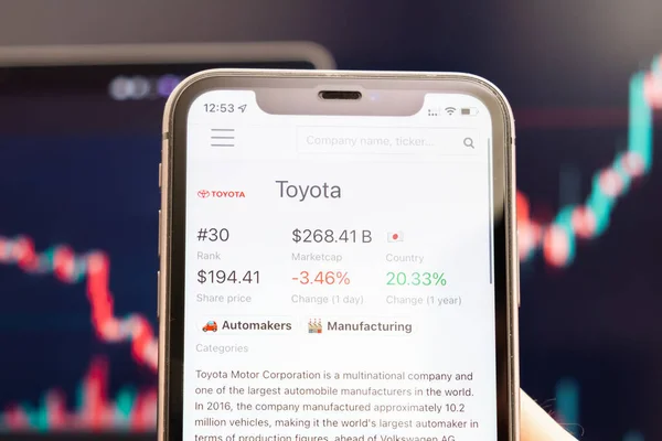 Toyota-Aktienkurs auf dem Bildschirm des Mobiltelefons in der Hand mit sich verändernden Börsenkursen im Hintergrund, Februar 2022, San Francisco, USA — Stockfoto