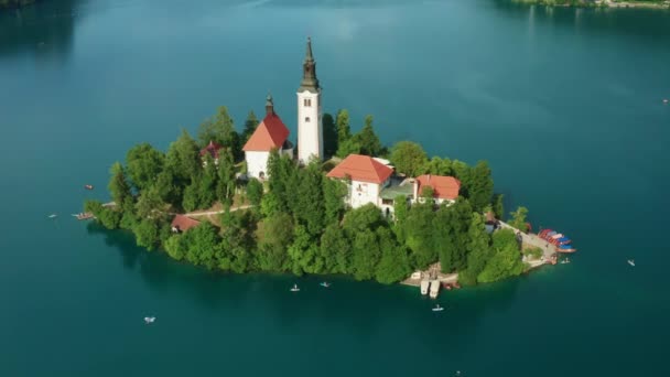 Isola di Bled ricoperta di alberi rigogliosi sull'acqua blu del lago — Video Stock