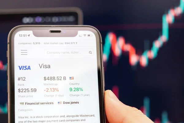 Visa-Logo des Aktienkurses auf dem Bildschirm des Smartphones in der Hand mit sich änderndem Trend auf dem Diagramm im Hintergrund, Februar 2022, San Francisco, USA — Stockfoto