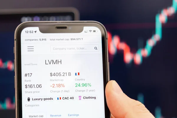 LVMH-Logo des Aktienkurses auf dem Bildschirm des Smartphones in der Hand mit sich änderndem Trend auf dem Chart im Hintergrund, Februar 2022, San Francisco, USA — Stockfoto