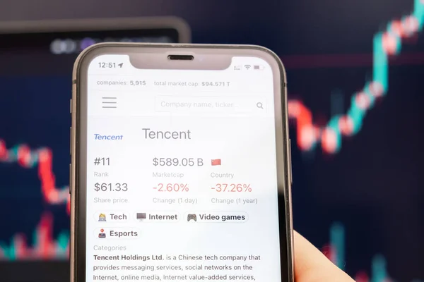 Tencent-Logo des Aktienkurses auf dem Bildschirm des Smartphones in der Hand mit sich änderndem Trend auf dem Chart im Hintergrund, Februar 2022, San Francisco, USA — Stockfoto