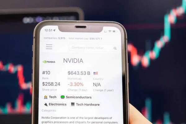 NVIDIA-Logo des Aktienkurses auf dem Bildschirm des Smartphones in der Hand mit sich änderndem Trend auf dem Diagramm im Hintergrund, Februar 2022, San Francisco, USA — Stockfoto