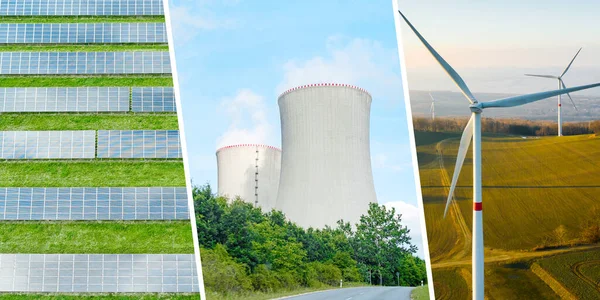 Колаж концепції зеленої енергії з сонячними панелями, атомною електростанцією та вітряком . — стокове фото