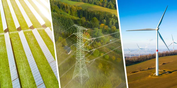 Створення колажу зеленої енергії з сонячними панелями. вітроелектростанція і пілон . — стокове фото