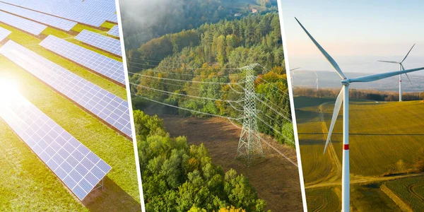 Колаж з відновлюваної зеленої енергії з сонячною панеллю, вітряком і пілоном . — стокове фото