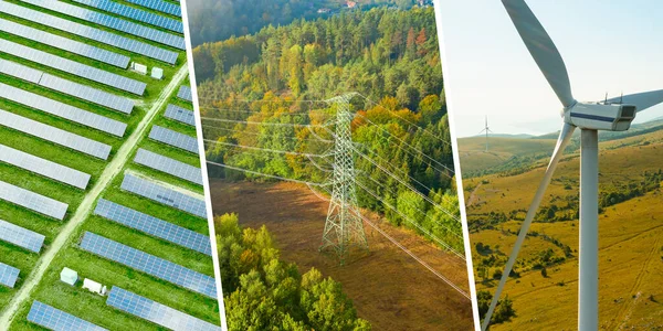 Колаж з відновлюваної зеленої енергії з сонячною панеллю, вітряком і пілоном . — стокове фото