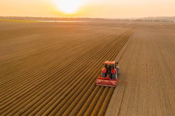 Trator vermelho trabalhando no campo agrícola ao pôr do sol para evitar uma crise alimentar — Fotografia de Stock