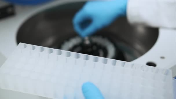 Científica en protección recoge muestras de la centrifugadora y las coloca en el bastidor — Vídeos de Stock