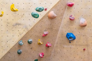 Çeşitli renklerde sapları olan yapay kaya tırmanma duvarı