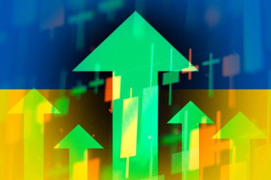 Artan yeşil oklar, Ukrayna 'daki ekonomik gelişmeleri veya borsadaki büyümeyi gösteriyor