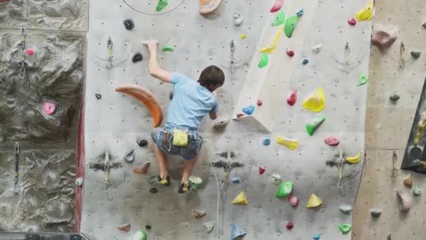 Man mountaineer stands on grips and trying to climb on climbing artificial rock — Stok video