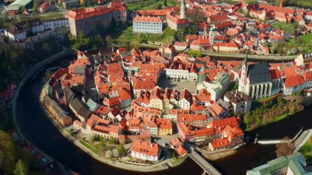 Top view of historic center of Cesky Krumlov, bridge, castle and river Vltava in Czech Republic. 