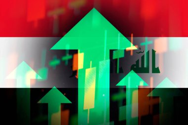 Irak bayrağının arka planında yükselen yeşil oklar, ekonominin eğilimini gösteriyor 