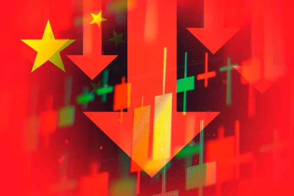 Dropping arrows showing decreasing trend in economy or downtrend on the stock exchange in China — Zdjęcie stockowe