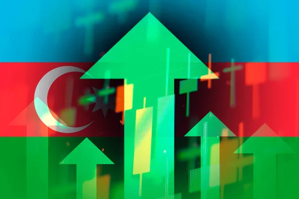 Aumentar as setas verdes no fundo da bandeira do Azerbaijão, mostrando uma tendência da economia — Fotografia de Stock