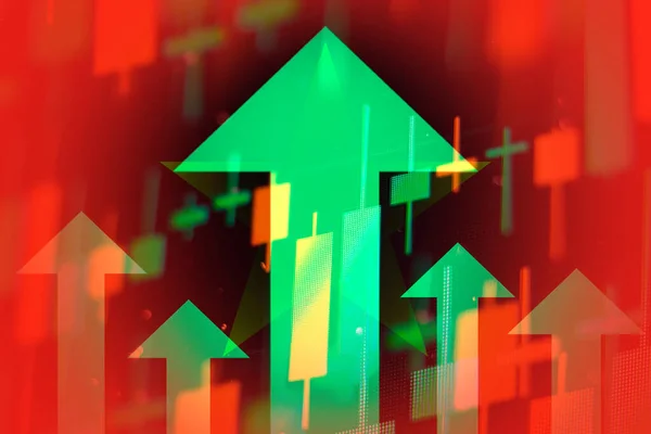 Aumento de las flechas verdes que muestran mejoras en la economía o crecimiento de las acciones en la bolsa de valores — Foto de Stock