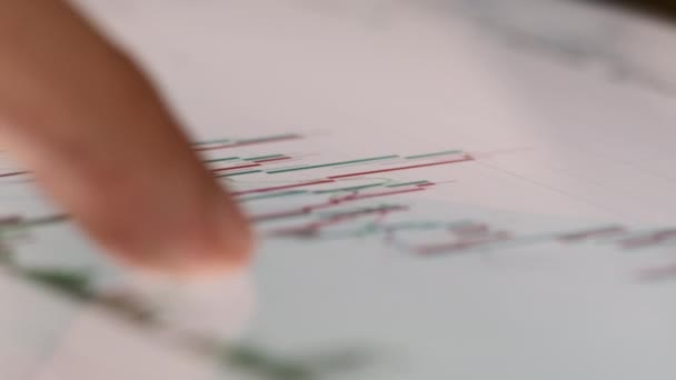 Muž kontroluje graf obchodování na burze pomocí tabletu makra — Stock video