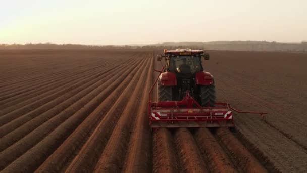 Heavy tractor uses plow to make beds for planting potatoes. Beginning of the sowing season. — Vídeo de Stock