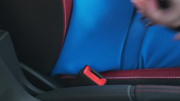 Close up woman fastening her seat belt before driving — Stok video