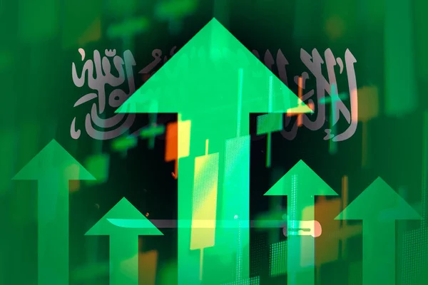 增加绿色箭头，显示沙特阿拉伯经济改善或库存增长 — 图库照片