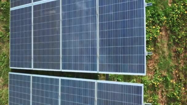 Longa Fileira Painéis Solares Fotovoltaicos Construídos Grama Campo Células Solares — Vídeo de Stock