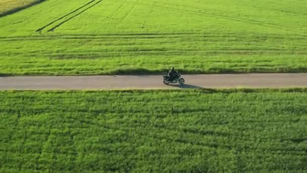 Motorkář Jezdí Motorce Kolem Jasně Zelených Polí Při Západu Slunce — Stock video