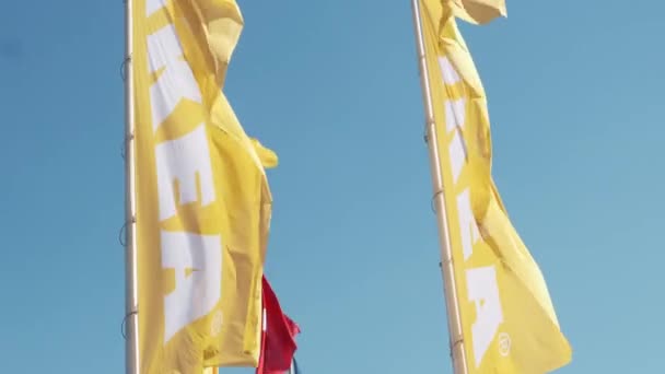 Yellow Red Ikea Flags Waving Wind Sky July 2022 Prague — Vídeo de Stock