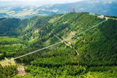 Sky Bridge 721 is the longest suspension bridge between two hills in the forest, Dolni Morava, Czech Republic . One way footbridge in touristic place in the forest in summer. 